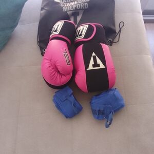 TITLE Gel Boxing Sparring Gloves, Pink/Black/White, Size Small With Hand Wraps